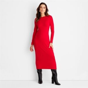 Ribbed Red Long Sleeve Midi Dress